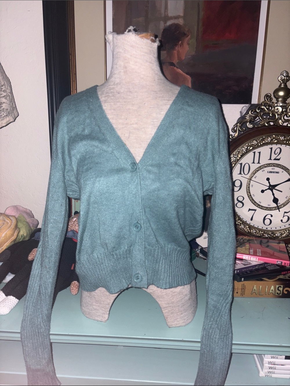Light Teal V-Neck Button Front Women's Cardigan
